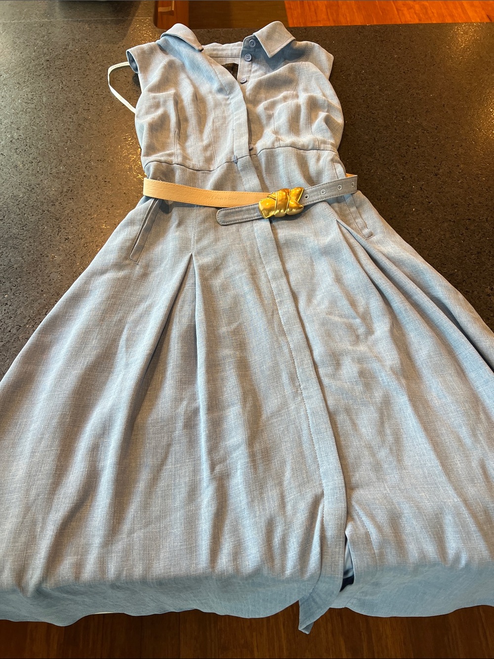 Donna Karan Light Blue Sleeveless Fit-and-Flare Dress with Beige Belt